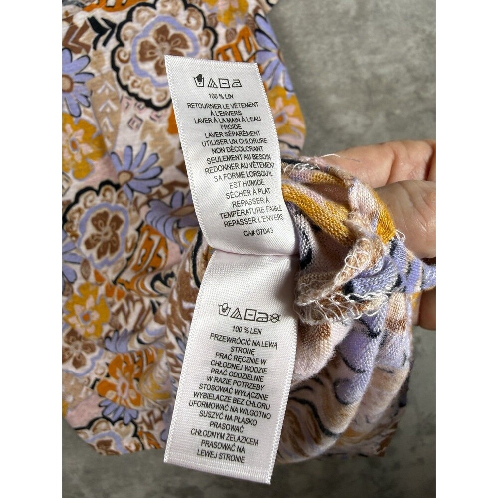 NICOLE MILLER 100% Linen Shirt Women’s L Orange Lavender Brown Boho Floral Retro - Picture 8 of 9